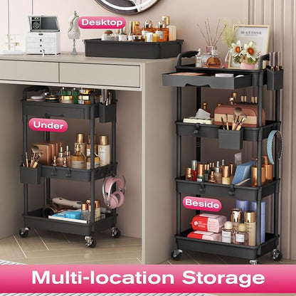 Goovilla Rolling Makeup Organizer Cart with Removable Drawer, 3 Tier Stable Black Floor Skincare Storage Cart for Vanity, Cosmetic Display, Nail Polish, Perfume, Hair Stuff, Beauty, Bathroom(Plastic)