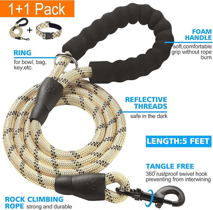 Ladoogo Reflective Dog Collar Padded with Soft Neoprene Breathable Adjustable Nylon Dog Collars for Small Medium Large Dogs (Large (Pack of 1), Vanilla Plaid Collar+Leash)