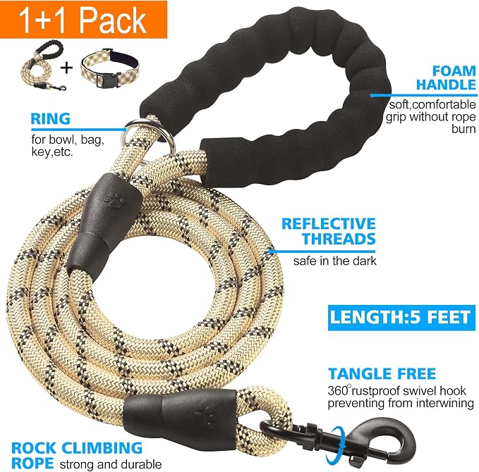 Ladoogo Reflective Dog Collar Padded with Soft Neoprene Breathable Adjustable Nylon Dog Collars for Small Medium Large Dogs (Medium (Pack of 1), Vanilla Plaid Collar+Leash)