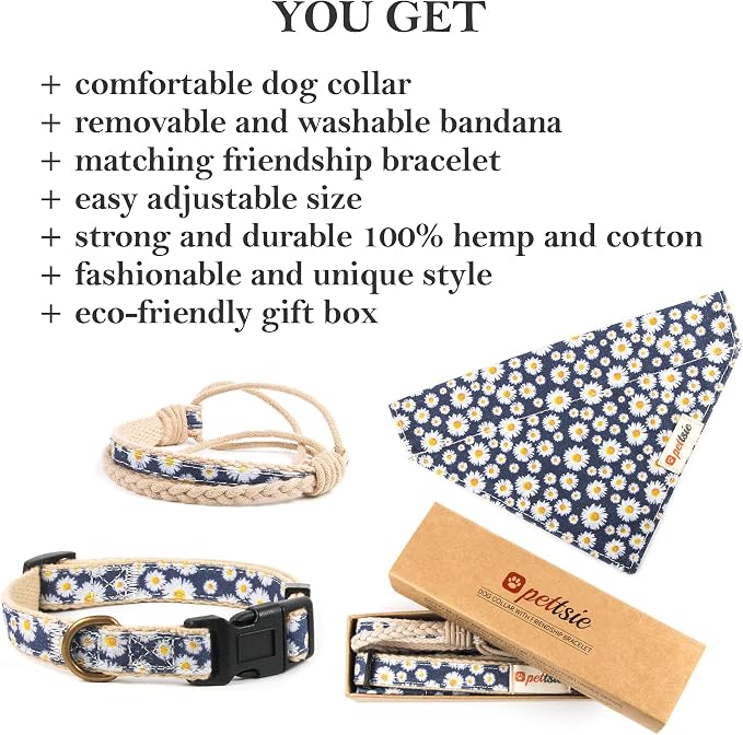 Pettsie Hemp Dog Bandana Collar & Matching Owner Friendship Bracelet | Adjustable, Durable Hemp, Soft & Comfortable, Secure D-Ring, Matching Friendship Bracelet, Blue