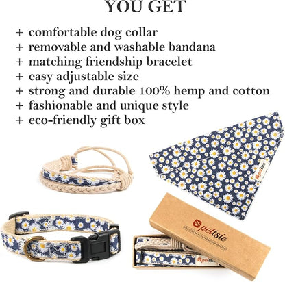 Pettsie Hemp Dog Bandana Collar & Matching Owner Friendship Bracelet | Matching Friendship Bracelet, Adjustable, Durable Hemp, Soft & Comfortable, Secure D-Ring, Blue