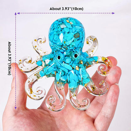 RJINGSHI Octopus Decor Aquarium Turquoise Decorative Resin Glass with Natural Crystal Stone Marine Animals Fish Tank Ornaments Statue Healing Home Decor Ladies Gift 3.93"