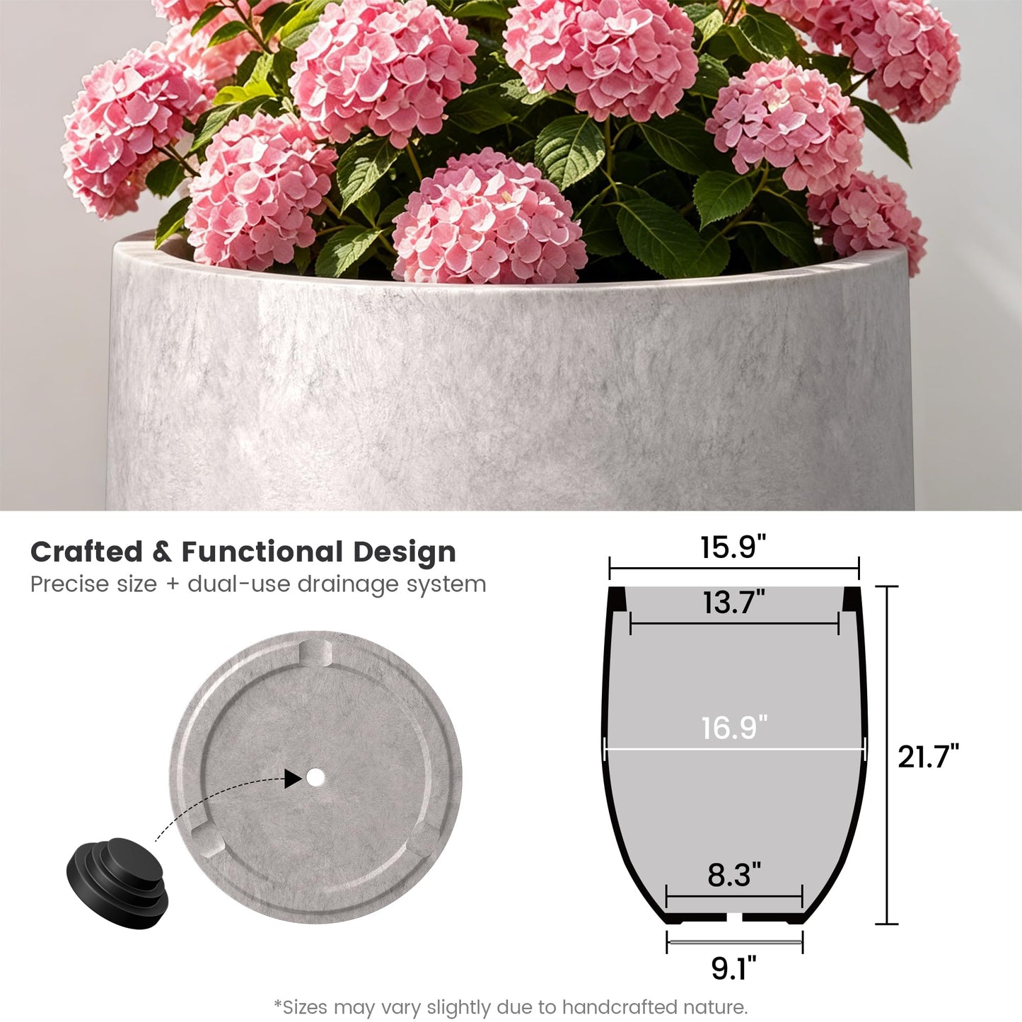 Kante 21.7" Tall Concrete Planter, Light Gray Large Plant Pot with Drainage Hole & Rubber Plug – Lightweight Weathered Cement Container for Indoor Outdoor, Home Patio Garden