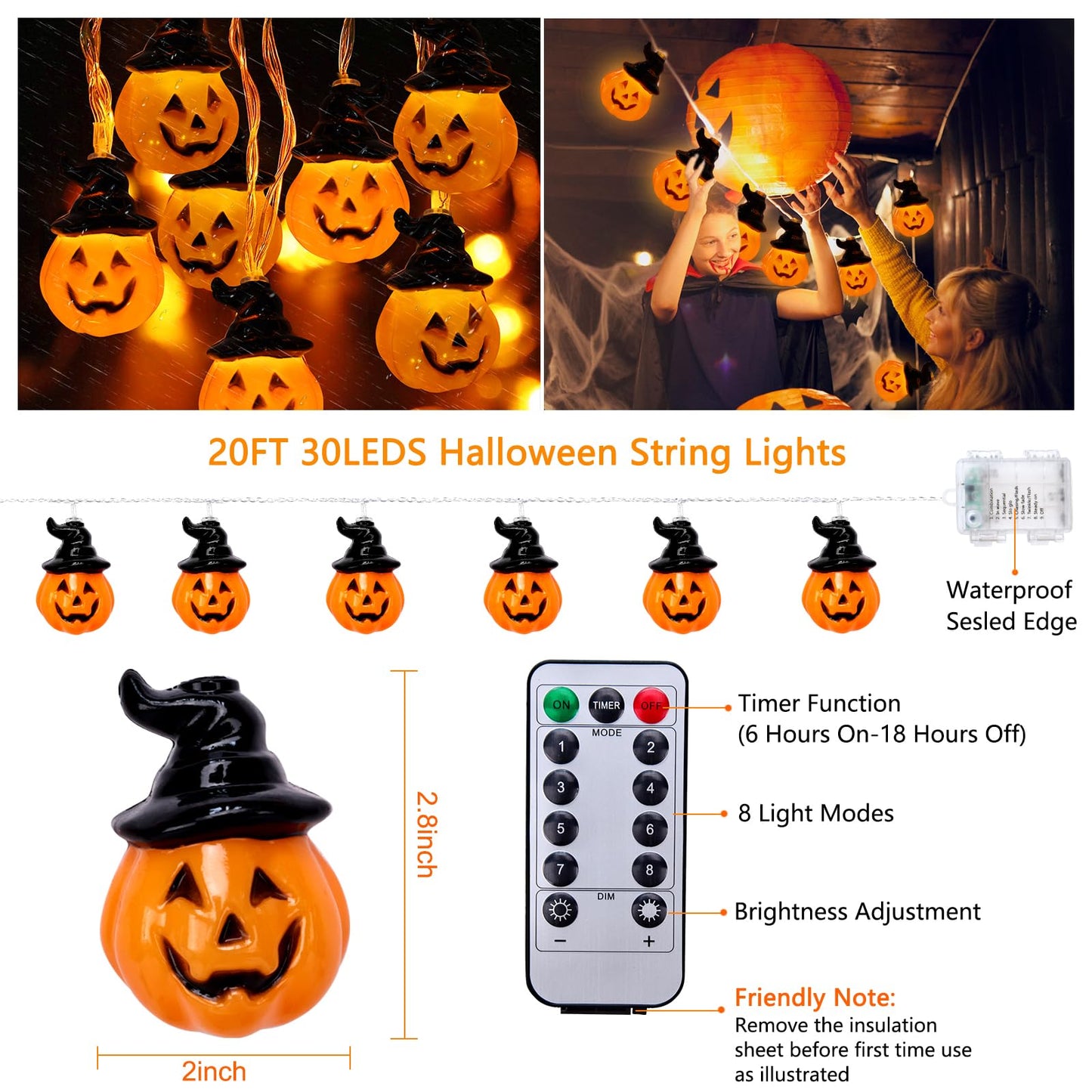 Orange Halloween Pumpkin String Lights with Witch Hat, 20FT 30 LED Pumpkin Halloween Lights String Outdoor with 8 Lighting Modes for Home Indoor Outdoor Party Decor