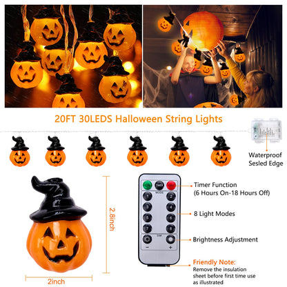 Orange Halloween Pumpkin String Lights with Witch Hat, 20FT 30 LED Pumpkin Halloween Lights String Outdoor with 8 Lighting Modes for Home Indoor Outdoor Party Decor