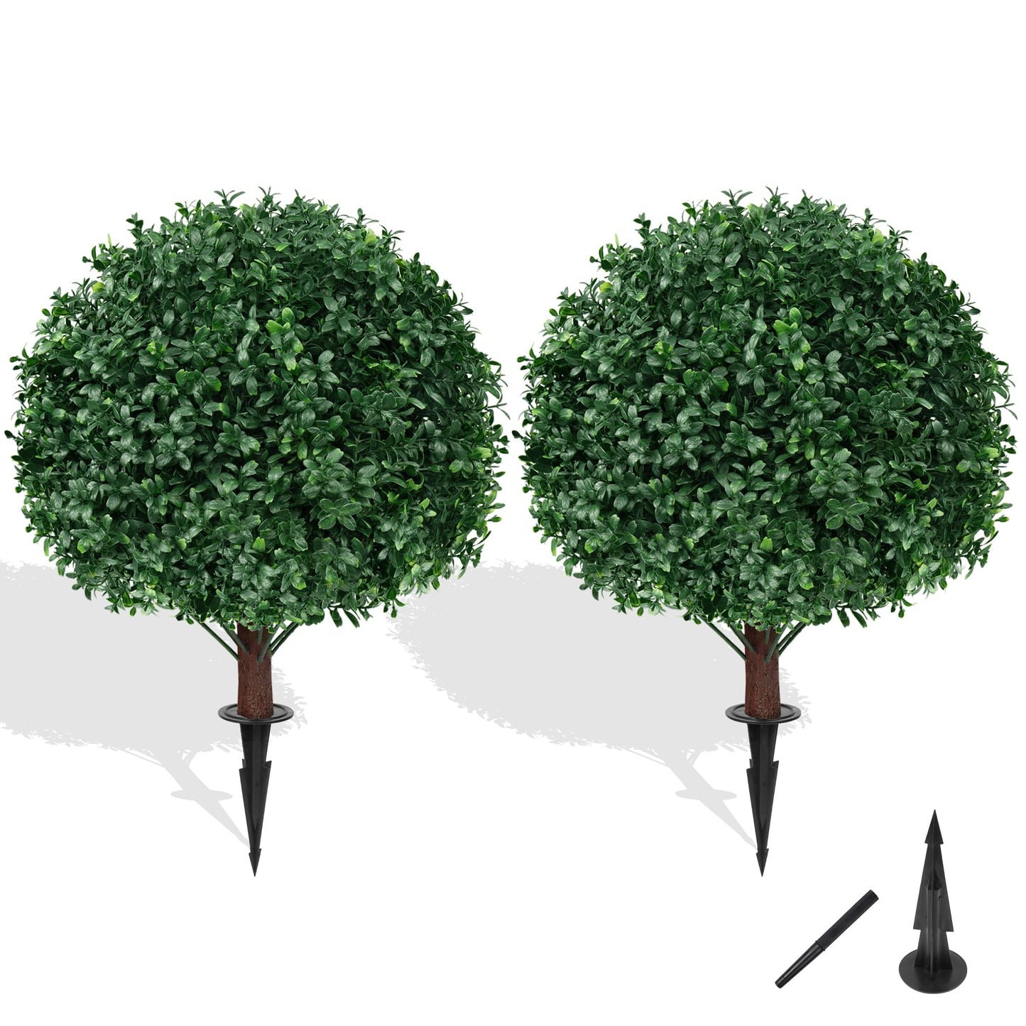 Grooy Artificial Boxwood Topiary Ball Tree with Ground Spike, Set of 2 Artificial Shrub Bushes, Fake Evergreen Tree for Porch, Artificial Plants for Outdoor Planters Indoor UV Resistant