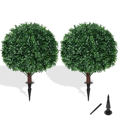 Grooy Artificial Boxwood Topiary Ball Tree with Ground Spike, Set of 2 Artificial Shrub Bushes, Fake Evergreen Tree for Porch, Artificial Plants for Outdoor Planters Indoor UV Resistant