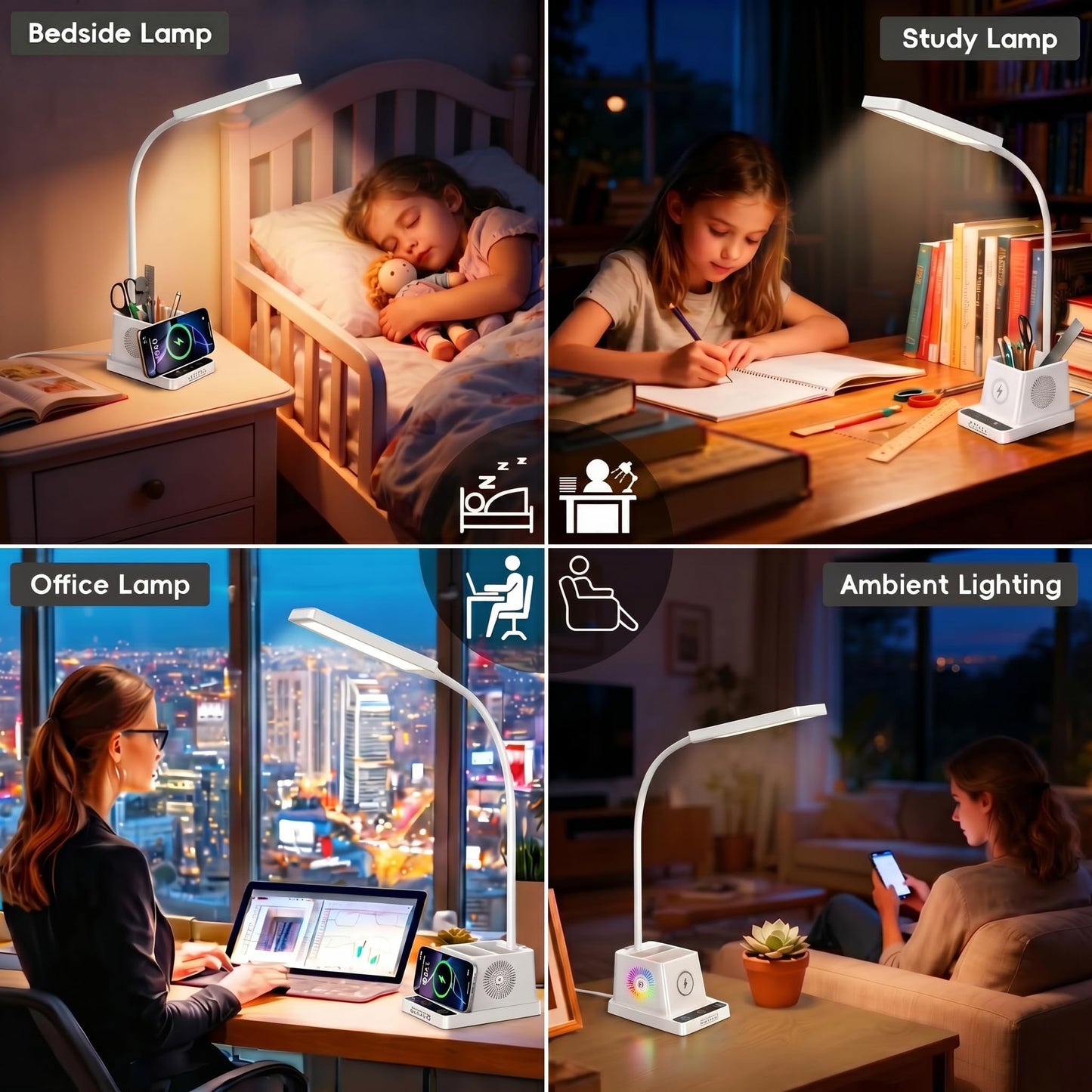 cozoo Desk Lamp, LED Desk Lamps for Home Office with 15W Wireless Charger/Organizer,Desk Lamp for College Dorm Eye-Caring Study Light,Gooseneck Table Lamp with Pen Holders/Storage,12 Lighting Modes