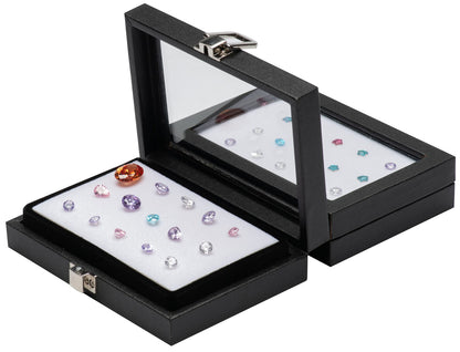 Giftop Jewelry Display Case Tempered Glass Top Lid Black Leatherette,Gemstone Display Case Jewelry Storage Box with Metal Clasp (Small)
