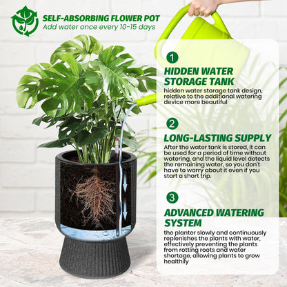 CABIHOME 14.2" Tall Planters, 2packs-Large Planter for Outdoor Plants, Flower Pots with Water Level Monitor, for Patio, Porch, Living Room, Home Office, for Outdoor & Indoor Plants, Classic Black