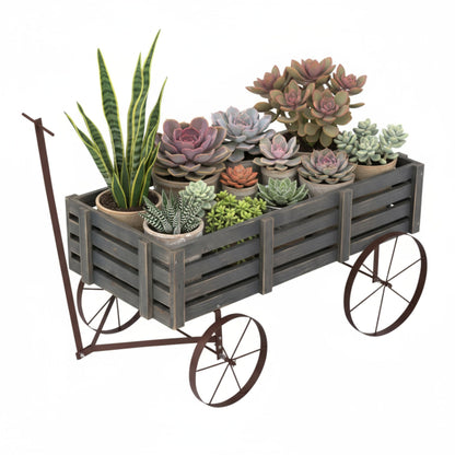 Shine Company Decorative Buckboard Wagon Garden Planter, Wooden Wagon Yard Décor for Outdoor Plants, Gray