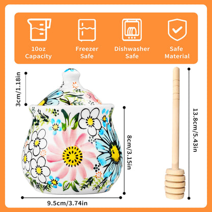 JUSONEY Ceramic Honey Pot with Dipper and Lid,10oz Handpainted Honey Dispenser with Flowers,No drip, Honey Jar Easy Clean(B)