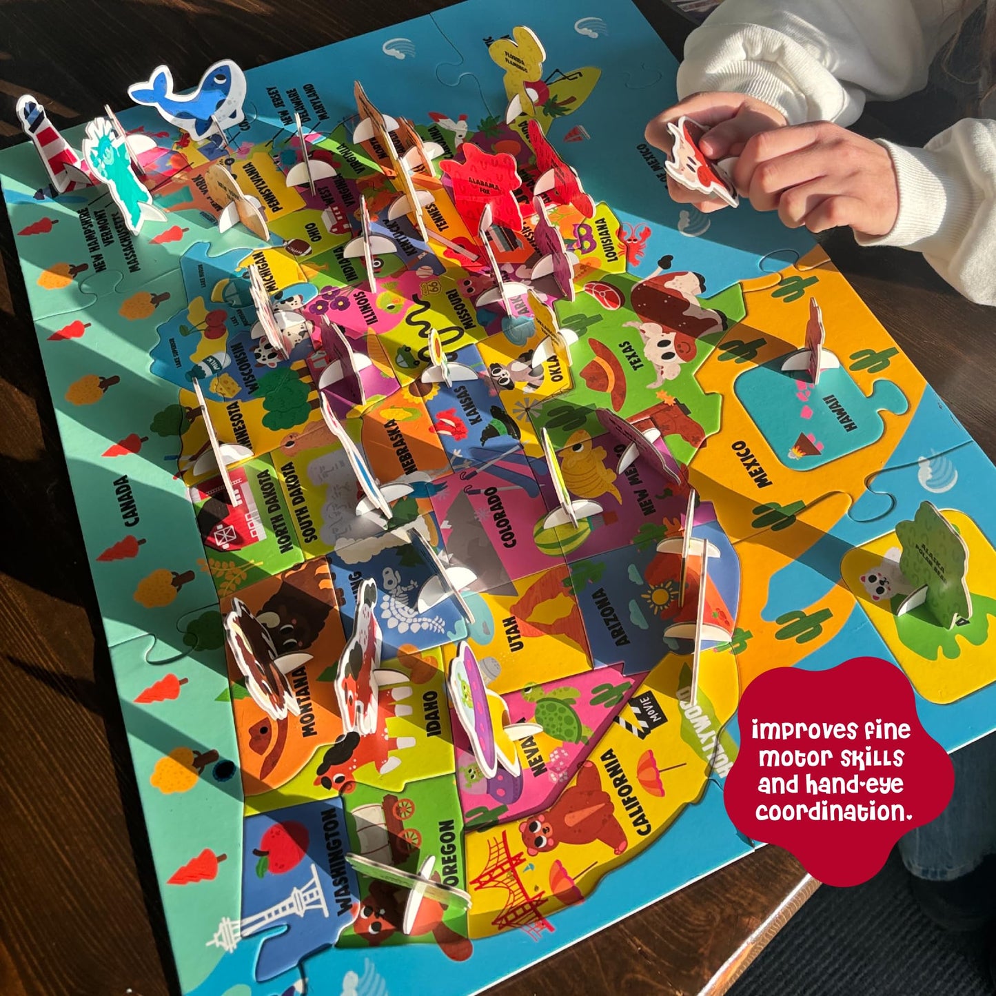 Dinomini Giant USA Map Puzzle for Kids - with Interactive Standing Figures - Floor Puzzles for Kids Ages 3-5 - Preschool Learning Activities - Learning & Educational Toys