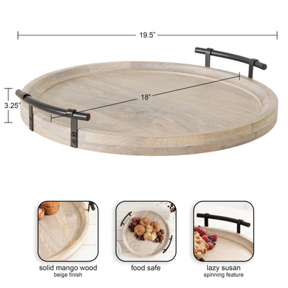 Kate and Laurel Bruillet Farmhouse Wood Round Lazy Susan Tray; 20 x 20; Natural; Wooden Countertop Organizer with Turning Lazy Susan for Kitchen Storage; Coffee Table; or Living Room Ottoman