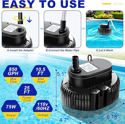Pool Cover Pump above Ground-Submersible Sump Pump Swimming Water Removal Pumps, Sump Pumps for Pool Draining with 16ft Drainage Hose & 25 ft Extra Long Power Cord,850 GPH,3 Adapters-Black