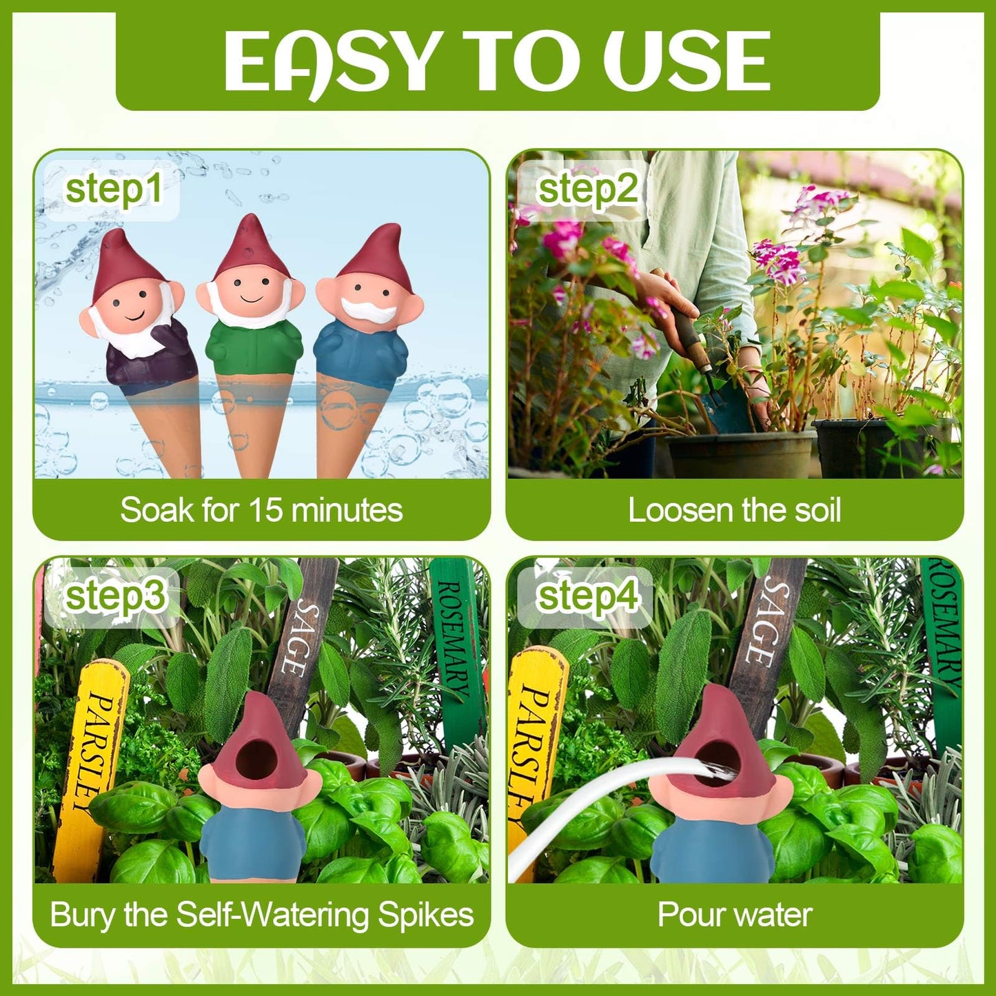Teenyyou 7 Pcs Terracotta Self Watering Spikes Gnomes Auto Water Planter Insert Small Watering Globes Slow Vacation Garden Waterer Cute Devices for Indoor Outdoor House Plant Accessories