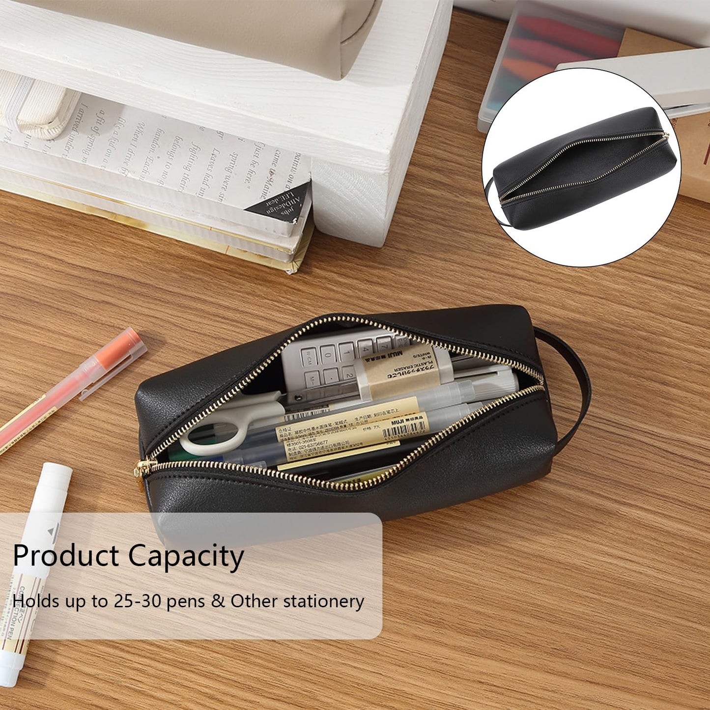 YONBEN Pencil Case Soft School Pencil Pouch Bag for Easy Carry Stylish and Durable (Beige,Faux leather)