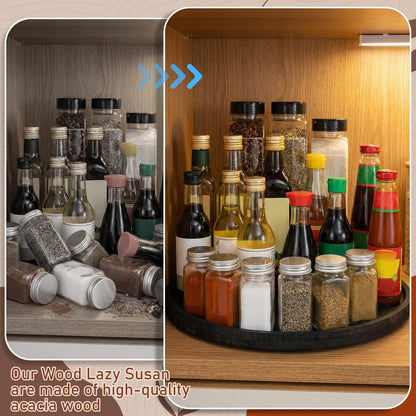 Yiyiring 20'' Wood Lazy Susan for Countertop Acacia Large Turntable Rotating Serving Tray for Table Top Non Skid Kitchen Tray Revolving Condiment Spice Rack Table Organization Storage, Black