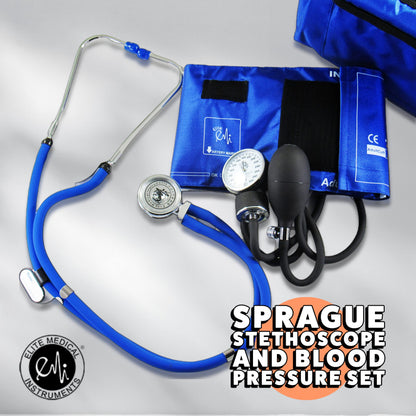 EMI Royal Blue Dual Head Sprague Rappaport Stethoscope and Manual Blood Pressure Adult Cuff Aneroid Sphygmomanometer Set