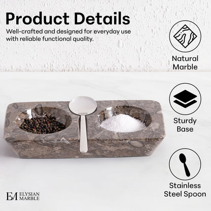 Marble Salt and Pepper Dish with Spoon, Handcrafted Double Spice Tray with 2 Compartments, Natural Stone Condiment Dish for Cooking Prep and Serving - Oceanic Grey