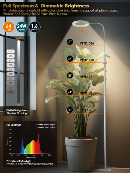 Smart Grow Lights for Indoor Plants, Plant Light with Auto-Timer, Full Spectrum LED Grow Light, Adjustable Height & Stepless Dimming,Plant Assistant Suitable for Most Plants (White, Single Head)