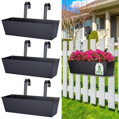 OGIMA 16-Inch Railing Planter Box, 3 Pack Large Hanging Planters for Outdoor Plants with Detachable Wide Hooks for 2.7'' Railings - Balcony Planters Railing Hanging for Deck, Fence & Patio Decor