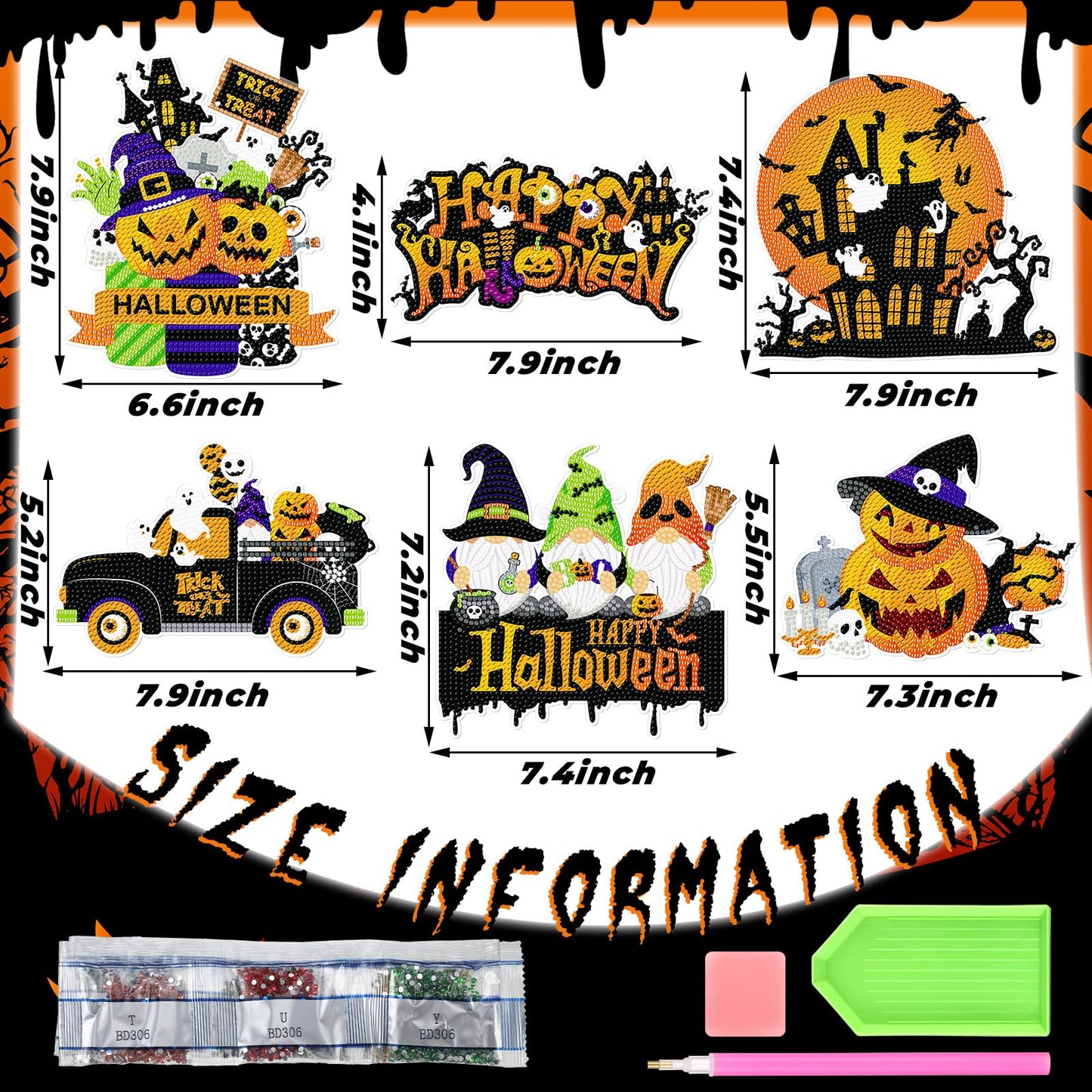 Zonon 6 Pcs Halloween Diamond Painting Hanging Sign Set 5d Gnome Pumpkin Diamond Art Set for Adults DIY Art Pendant Ornaments Kits Acrylic Bat Skull Ghost Truck for Halloween Wall Door Window Decor