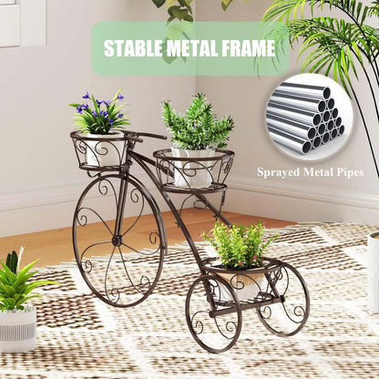 Metal Bicycle Plant Stand,3-Tier Tricycle Planter with Hollowed Baskets,Flower Display Stand Cart with 3 Decorative Wheels,Tricycle Plant Stand for Outdoor Indoor Home Balcony Backyard(Bronze)