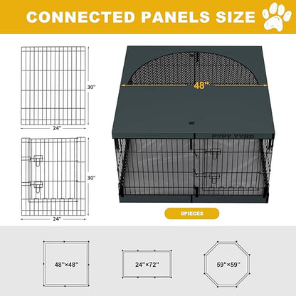 Dog Playpen with Top Cover and Bottom Pad - Foldable Metal Puppy Play Pen,24x30in 8 Panels Dog Playpen with Door for Indoor Outdoor,Heavy-Duty Pet Exercise Fence for Small Medium Animals