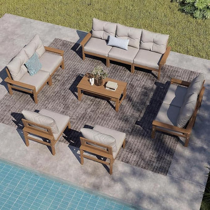 Teak HDPE Outdoor Patio Furniture Set, 10-Piece Patio Conversation Sets with Coffee Table & Washable Thick Cushions, Outdoor Sofa for Garden, Balcony, Porch, Yard, Lawn, Poolside