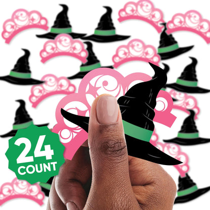 Big Dot of Happiness Witch Small Paper Cutouts, DIY Good Pink and Green Birthday or Witch Halloween Party Decor Craft for Girls, Green Witch Hat & Pink Crown Shaped Cut-Outs - 24 Ct