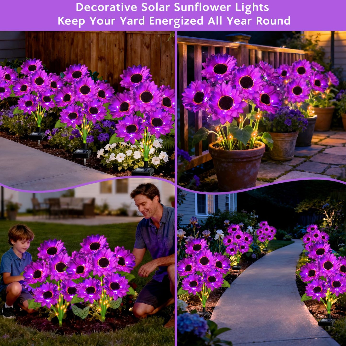 Solar Sunflower Lights Outdoor Garden Decor, 4 Pack Solar Purple Flowers Lights with 24 Sunflowers, Waterproof Fall Decor Stake Decorative Light Auto ON/Off for Garden Yard Patio, Gift for Women