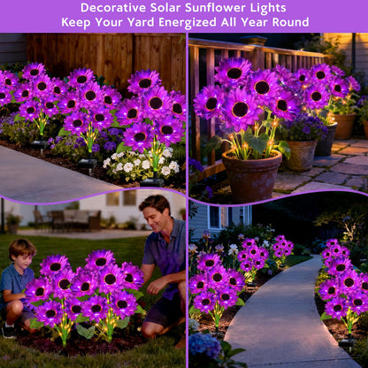 Solar Sunflower Lights Outdoor Garden Decor, 4 Pack Solar Purple Flowers Lights with 24 Sunflowers, Waterproof Fall Decor Stake Decorative Light Auto ON/Off for Garden Yard Patio, Gift for Women