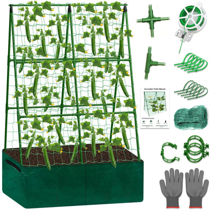 Tidponra Cucumber Trellis for Garden, 34 X 47 Inches A Frame Gardening Trellis with Fabric Raised Garden Bed, Climbing Net and Plant Support Clips for Climbing Plants