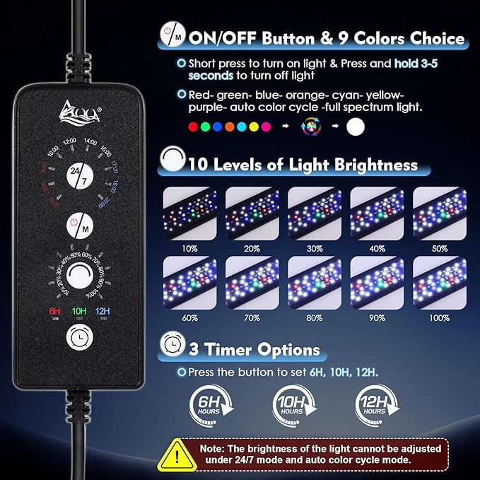 AQQA LED Aquarium Light 36W for 24-32 Inch Fish Tank, 24/7 Mode&DIY Mode Full Spectrum Fish Tank Light, IP68 Waterproof High Lumen Aquarium Plant Light, Adjustable Brightness/Timer, Memory Function