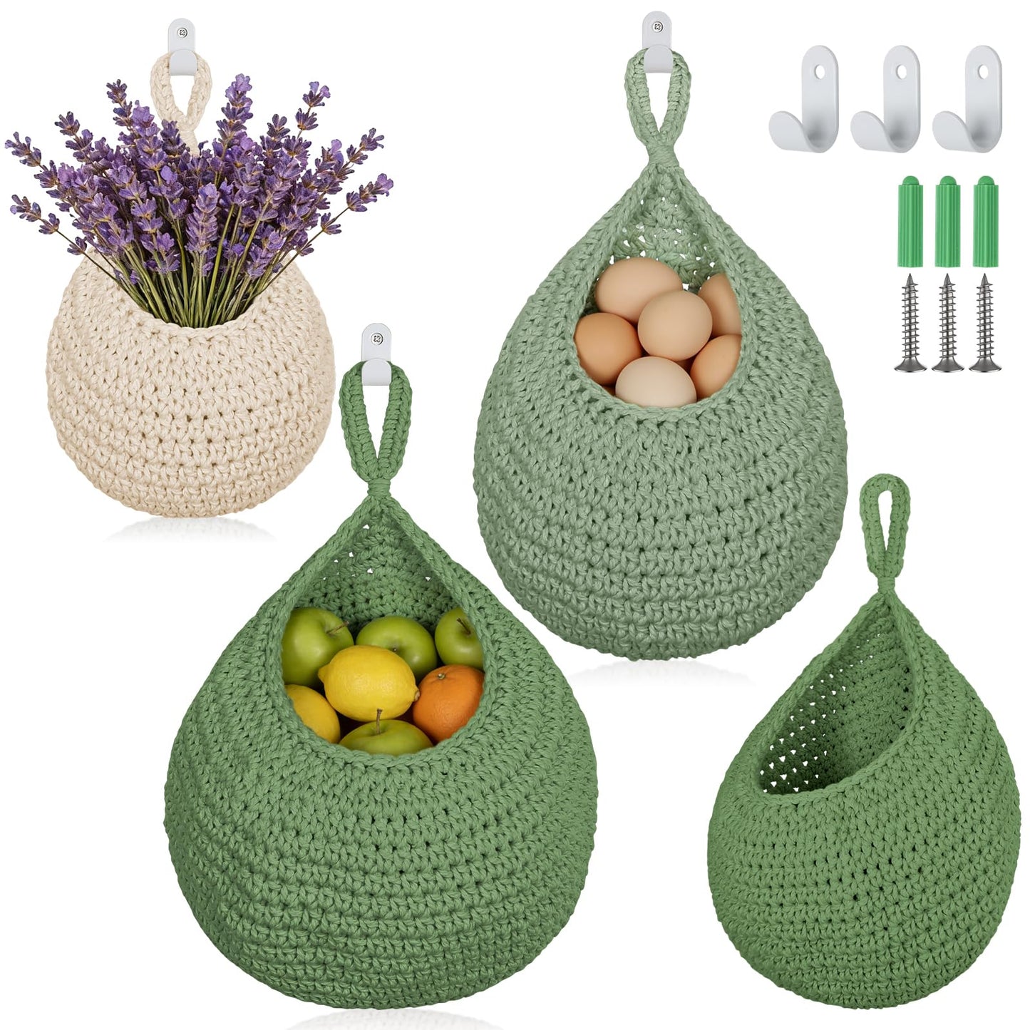 3 Pack Boho Decor Hanging Friut Baskets for Kitchen, Handwoven Cotton Wall Baskets with Hooks 3 Sizes, Hanging Holder Teardrop Produce Basket for Fruit Vegetable Potato Onion Storage, Beige & Green