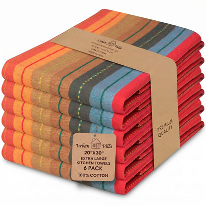 Urban Villa Kitchen Towels 100% Cotton Dish Towels for Kitchen (Set of 6) 20"x30" Highly Absorbent Kitchen Linen Set with Hanging Loop Dish Cloths Perfect for Drying Dishes Cleaning Towels - Red Multi