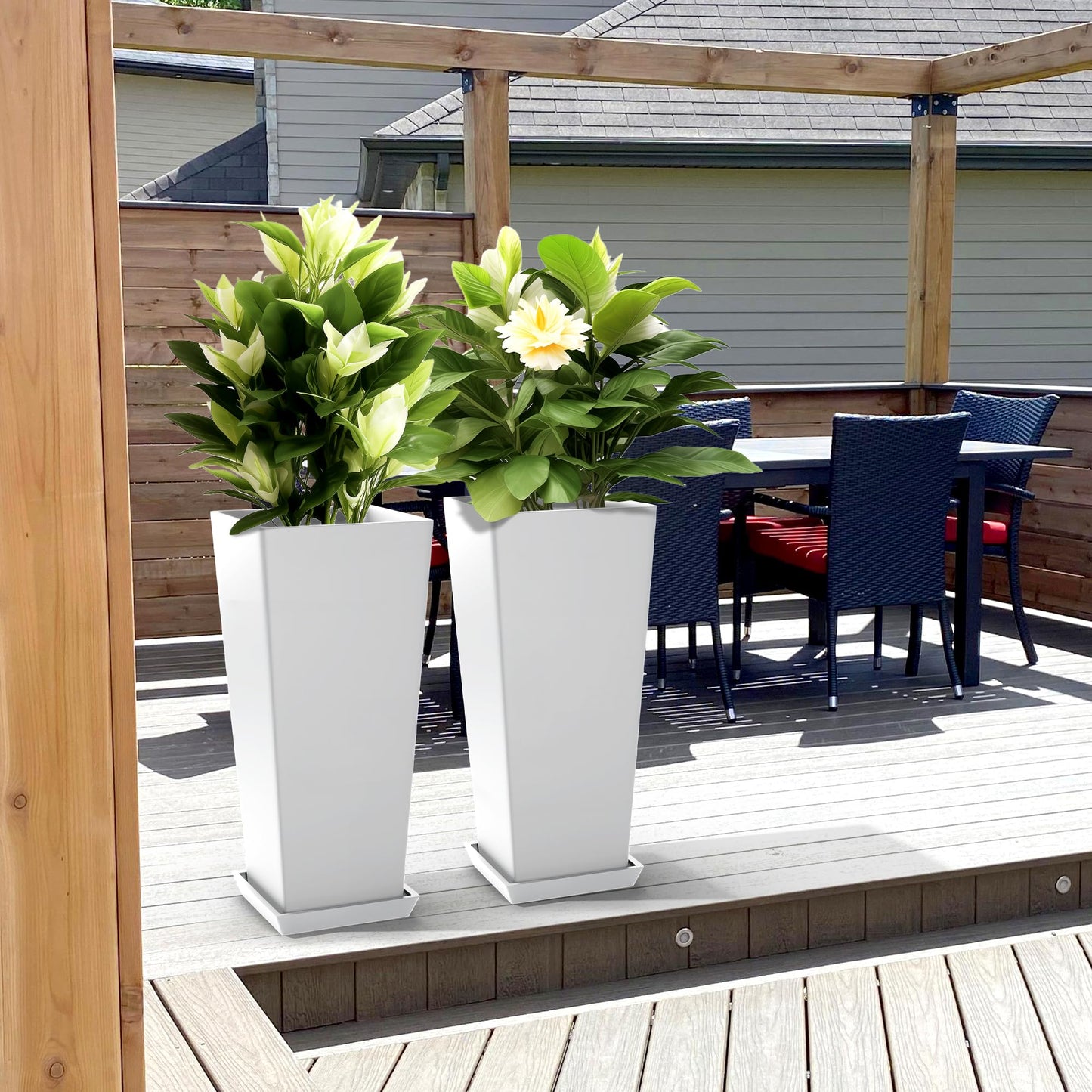 ART DEMO 23.6" Tall Outdoor Planters Large Tall Planter for Indoor or Outdoor, Set of 2 Tapered Square Flower Pots with Tray for Porch, Patio, Backyard(White)