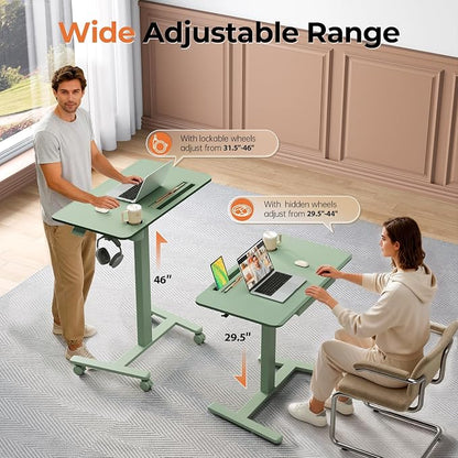 Mobile Standing Desk with Drawer, 35" Small Standing Desk with Cup Holder, Rolling Laptop Cart on Wheels, Height Adjustable Table with Storage for Home Office, Sage Green