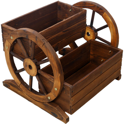 Wooden Wagon Planter Box, Garden Planter with Wheels, Decorative Planter Raised Garden Bed for Flowers Herbs Vegetables, Wooden Flower Cart with Wheels for Indoor Outdoor Home Decor