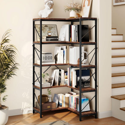 YITAHOME Corner Bookshelf, Industrial Corner Shelf 5 Tier Bookcase, Large Display Rack Storage for Bedroom, Living Room, Home Office,Rustic Brown