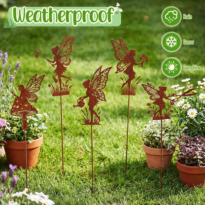 Novabright 5 Pcs Decorative Garden Stakes Metal Fairy Silhouette Set Stakes Outdoor Yard Art Decor Fairy Garden Sign for Lawn Flower Bed Planter Pot Landscaping(Rust)