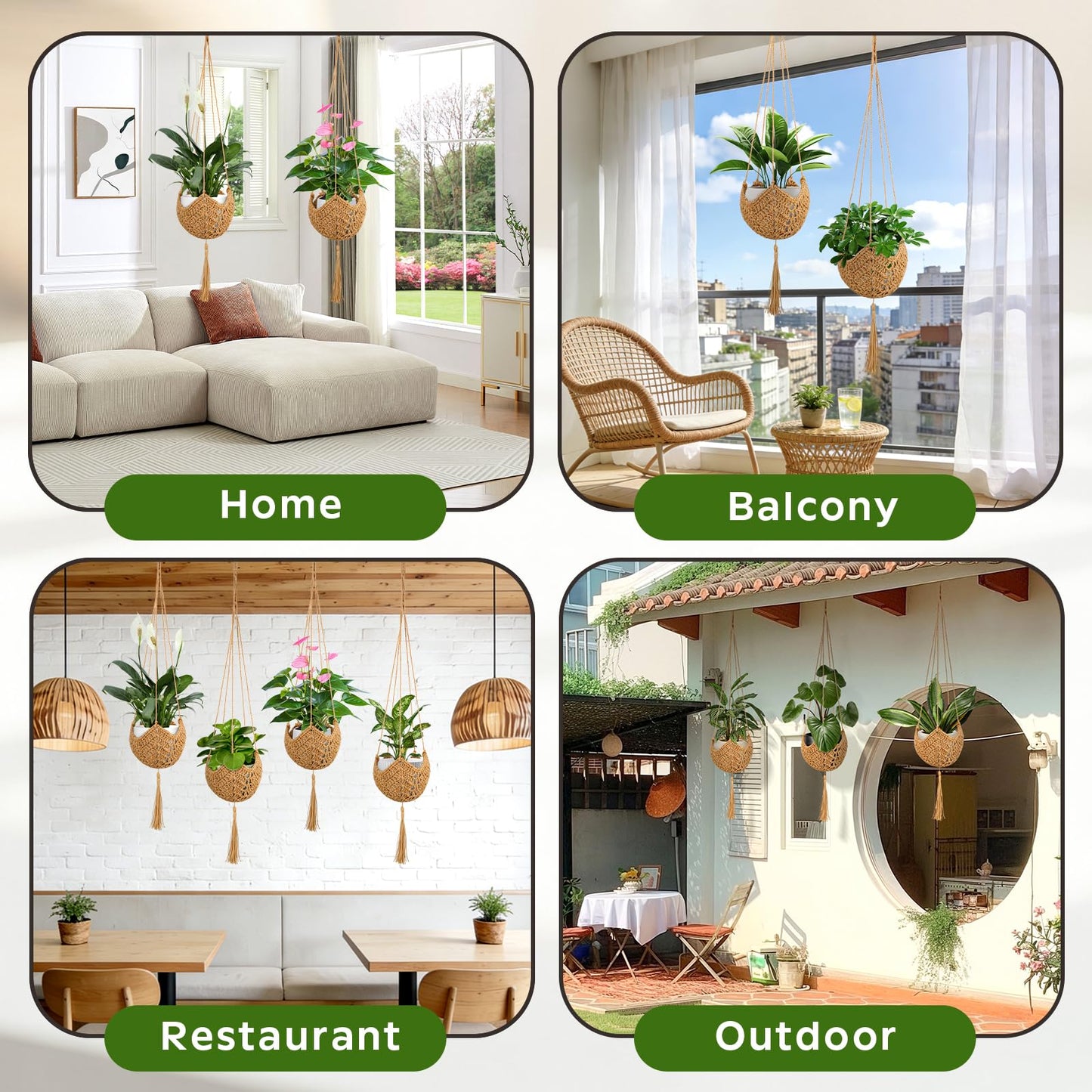 VZZNN 6 Pack Hand-Woven Macrame Plant Hanger - Hanging Plant Holder with 12 Hooks for Indoor Green Plant Hanging and Bohemian Style Home Decor (Brown)