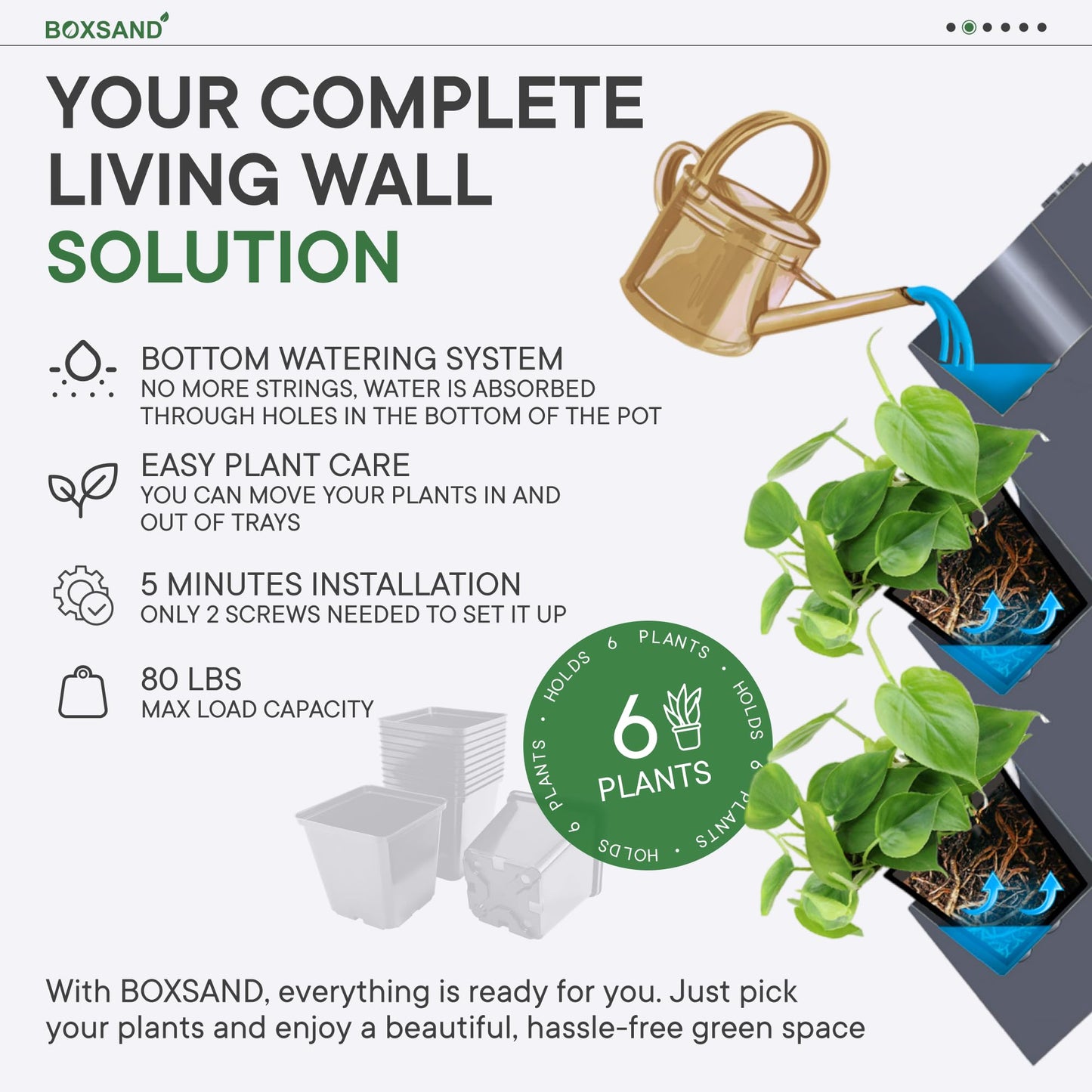BOXSAND-6 Vertical Wall Planter (12"x26", Black with Square Pots) – Living Wall for 6 Plants, Indoor/Outdoor Vertical Garden System, Easy 2-Screw Install