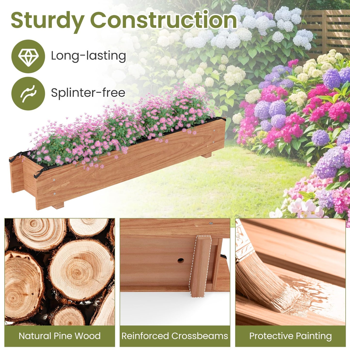 Giantex Wood Raised Garden Bed, Rectangular Planter Box w/Drainage Hole, Removable Liner for Growing Vegetable Flower Herb, Indoor Outdoor Plant Container for Backyard Deck Balcony, 36"x7"x7"