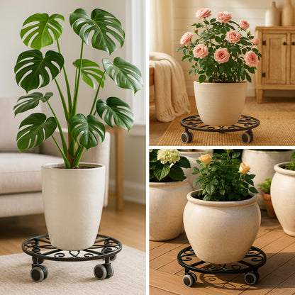 5 Pack Plant Caddy with Wheels Heavy Duty 16 Inch Large Metal Plant Stand with Wheels Plant dolly Rolling Plant Stand Plant Roller with Casters for Indoor and Outdoor with 5 Pack Plant Saucers, Black