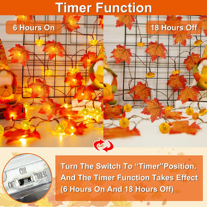 2 Pack & Timer - Fall Garland with Pumpkin Lights Fall Decorations for Home Total 60LED 20Ft Enlarged Maples Leaves Fall Lights Battery Operated Halloween Thanksgiving Christmas Decor Wedding Party