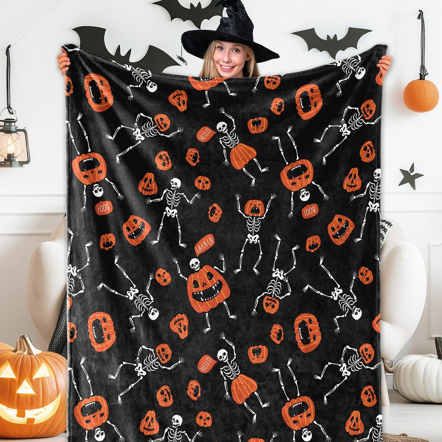 Whaline Halloween Fuzzy Flannel Blanket 50 x 60 Inch Evil Pumpkin Face Skeleton Decorative Throw Blanket for Holiday Home Chair Soft Couch Bed
