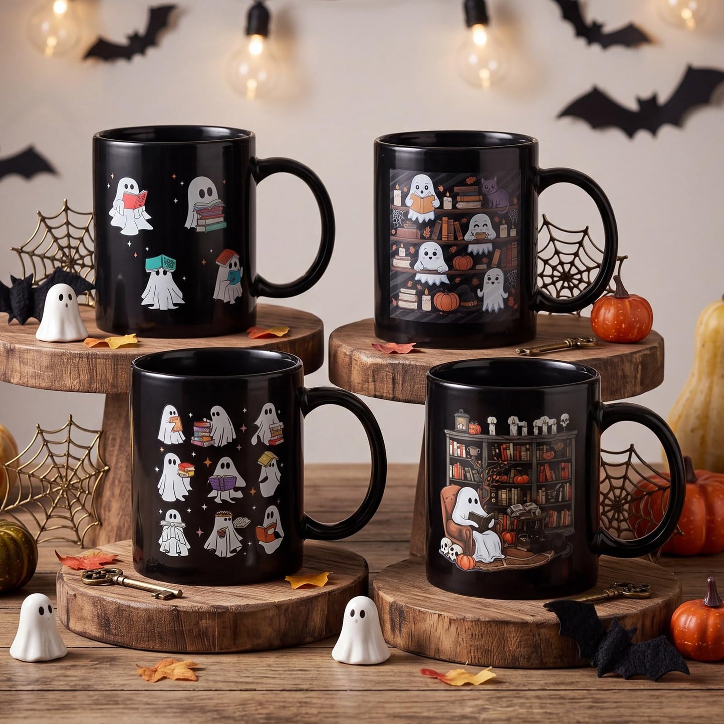 Potchen 4 Pack 12 oz Halloween Coffee Mug Book Lover Coffee Mugs Dishwasher Microwave Safe Porcelain Bookworm Cups Bookish Gifts for Man Women(Ghost Style)
