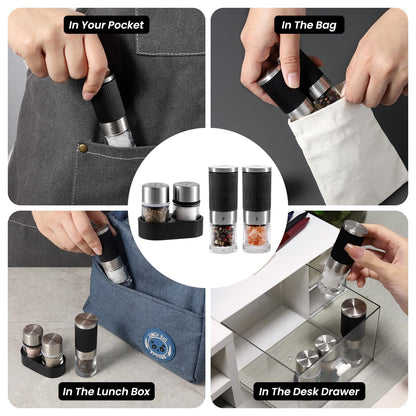 VEVOK CHEF Mini Salt and Pepper Grinder set with 2 Small Salt and Pepper Shakers Portable Cute Tiny Spice Grinder Pepper Mill Salt Grinder for Travel, Work, Camping, Party, School, Lunch Box